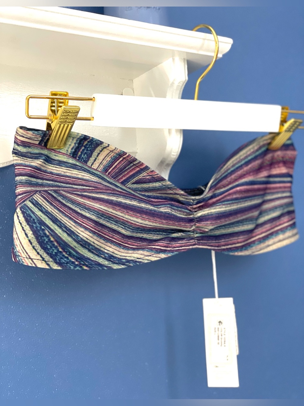 NWT FRANKIES shimmy purple blue bandeau plunge bikini top L